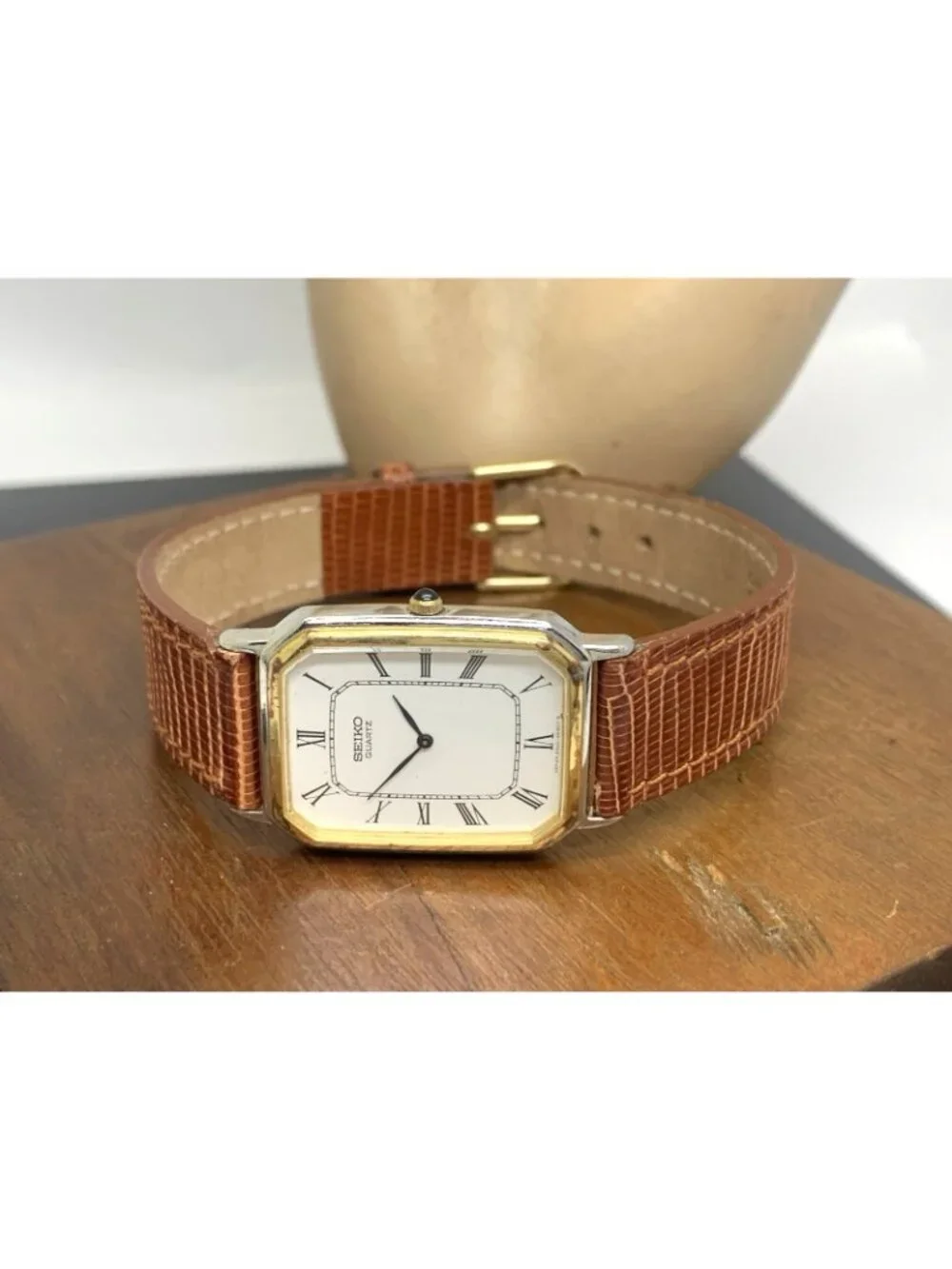 Seiko Watch 2320-6380 Quartz Tank Two Tone Case Brown Leather Strap 1981 25mm